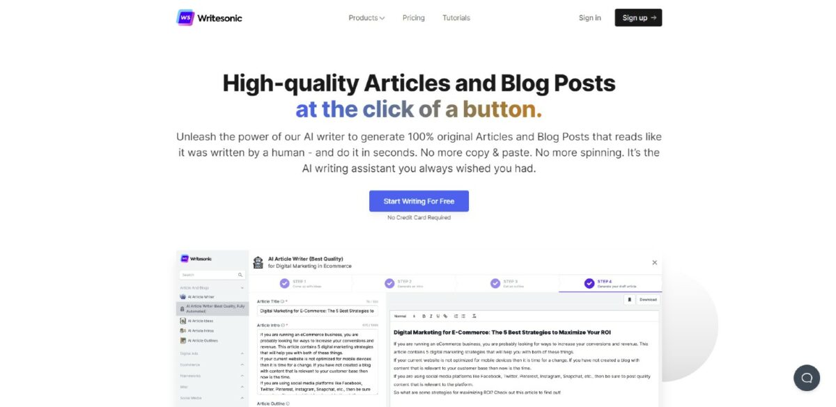 Writesonic - AI writer to generate 100% original Articles and Blog Posts