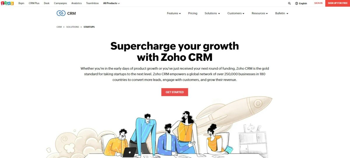 Zoho CRM solutions for startups focus on showing the big picture of lead and customer interactions to team leaders and members.