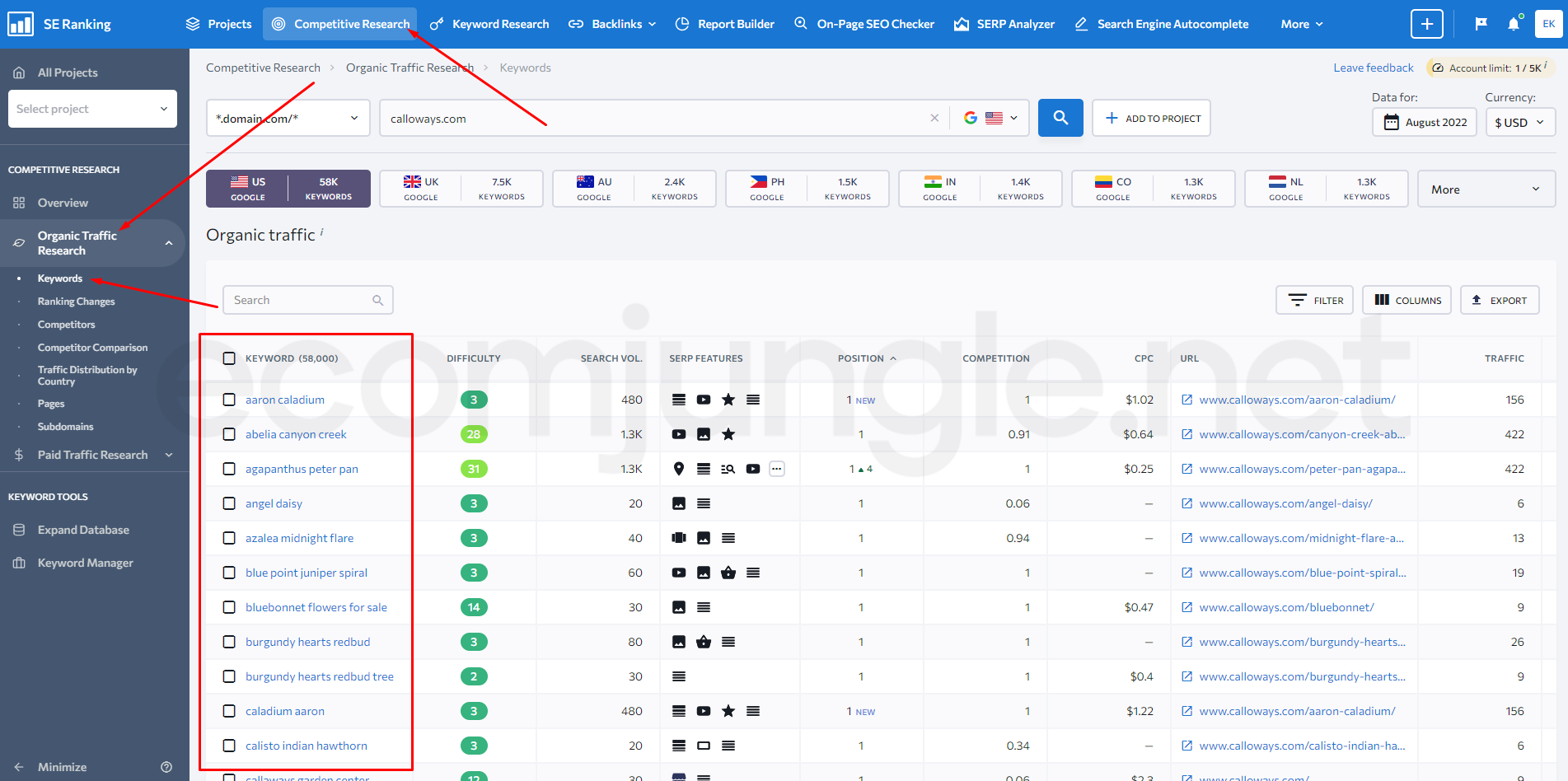 An easy-to-navigate interface is ideal for identifying your competitors as you enter your keyword idea, select your country, and click search.