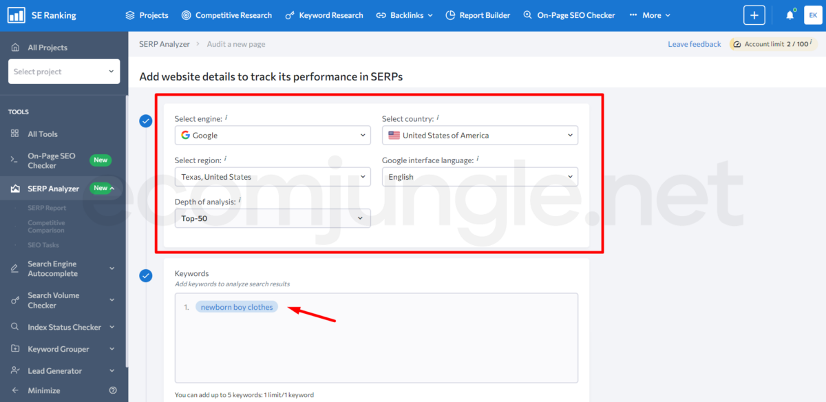 Enter keyword, search engine, country, region and language to do SERP analysis in SE Ranking