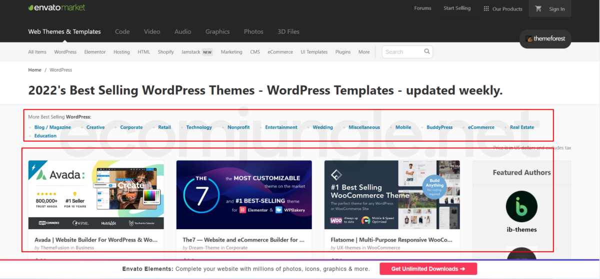 Most popular themes for each website builder