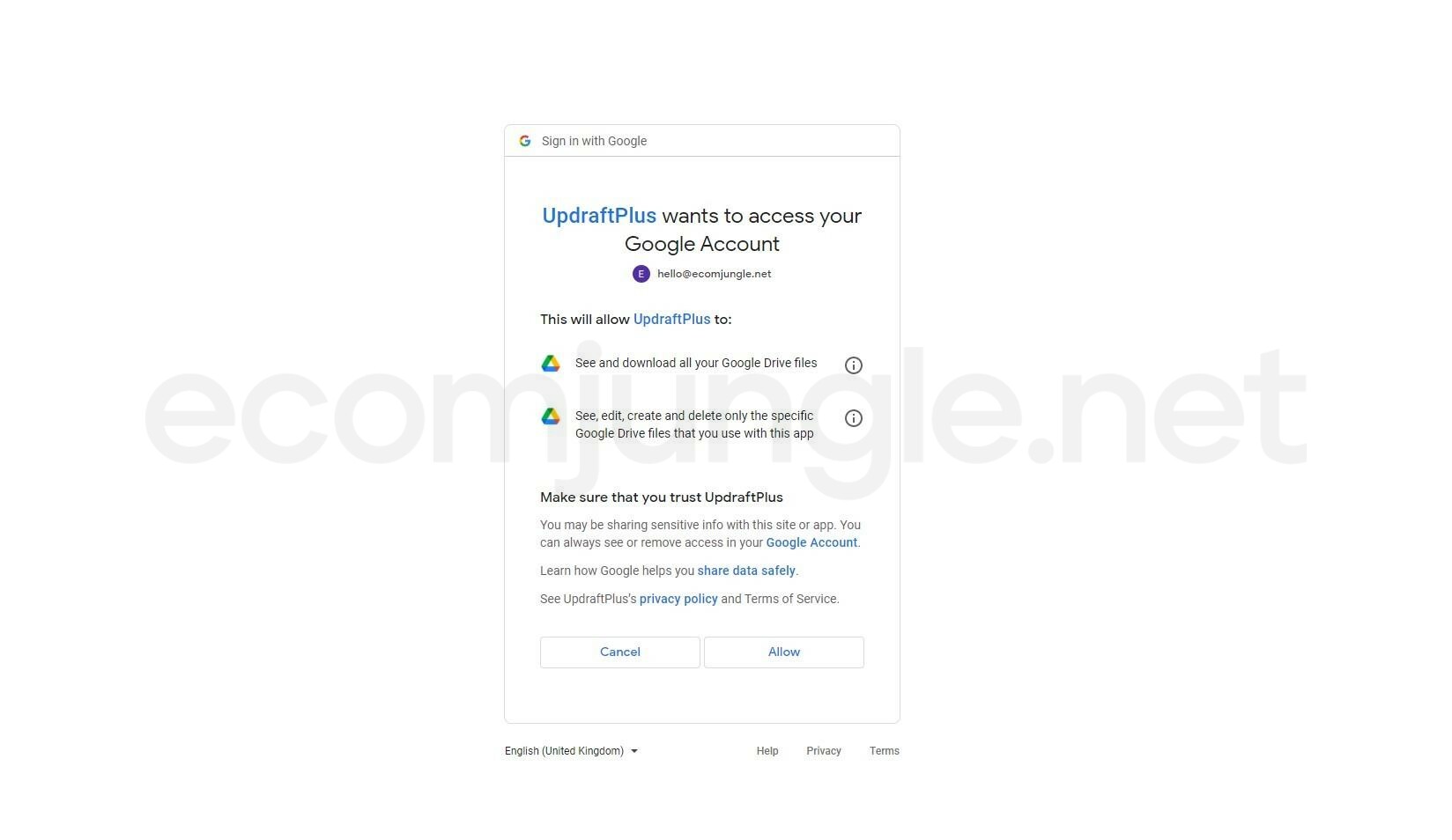 UpdraftPlus wants to access your Google Account
