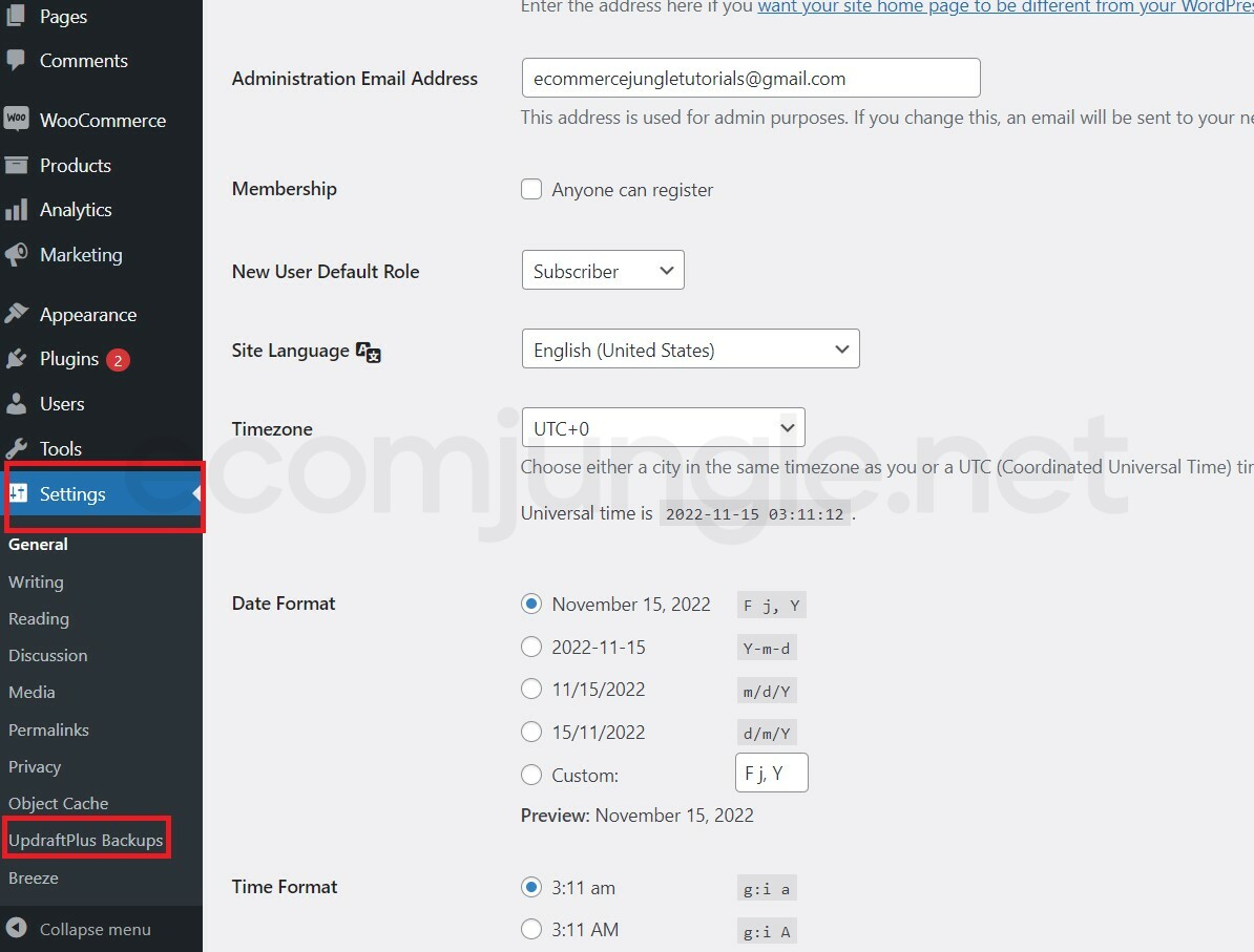 Find and click Settings from the admin sidebar, the sidebar will expand to display the Settings submenu. Choose Updraft Plus Backups from the options