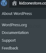 Hover over the WordPress logo to drop down a menu to access important information About WordPress, like Support and Documentation