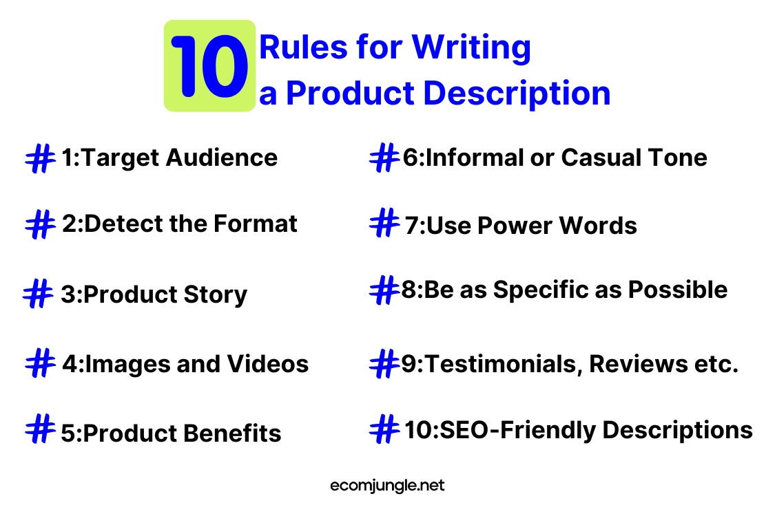 10 rules for writing a product description, for example, format that fits for you and your business, be as specific as possible etc.