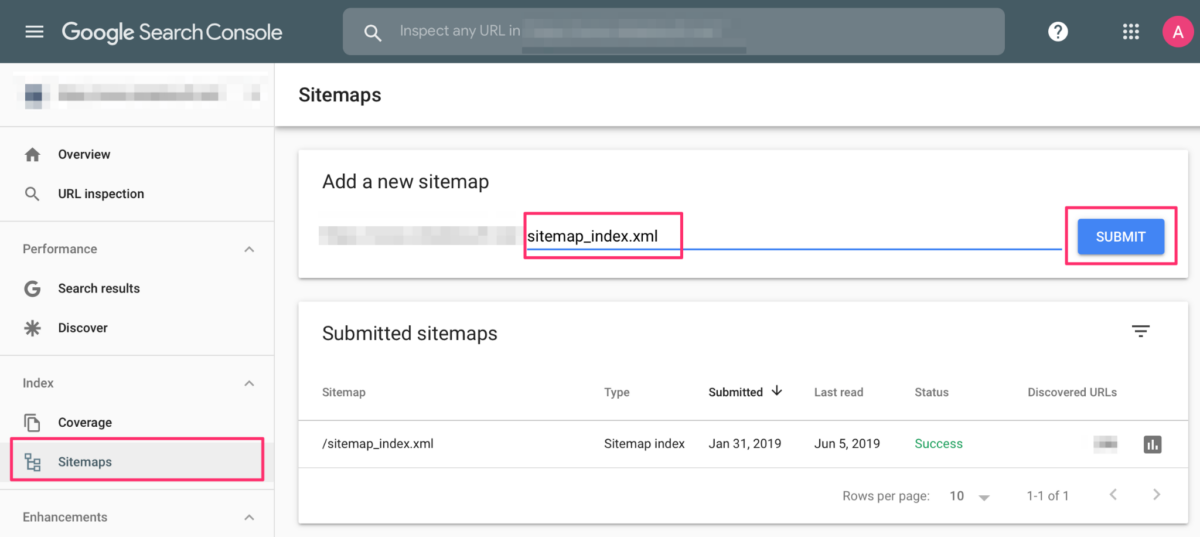 Example of where to add sitemap to Google Search Console.