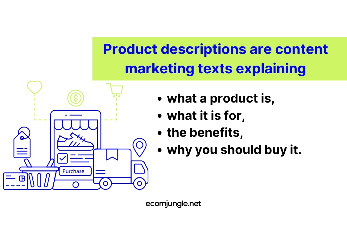 Product description are content marketing texts and answer to questions like what is a product, what is for and so on