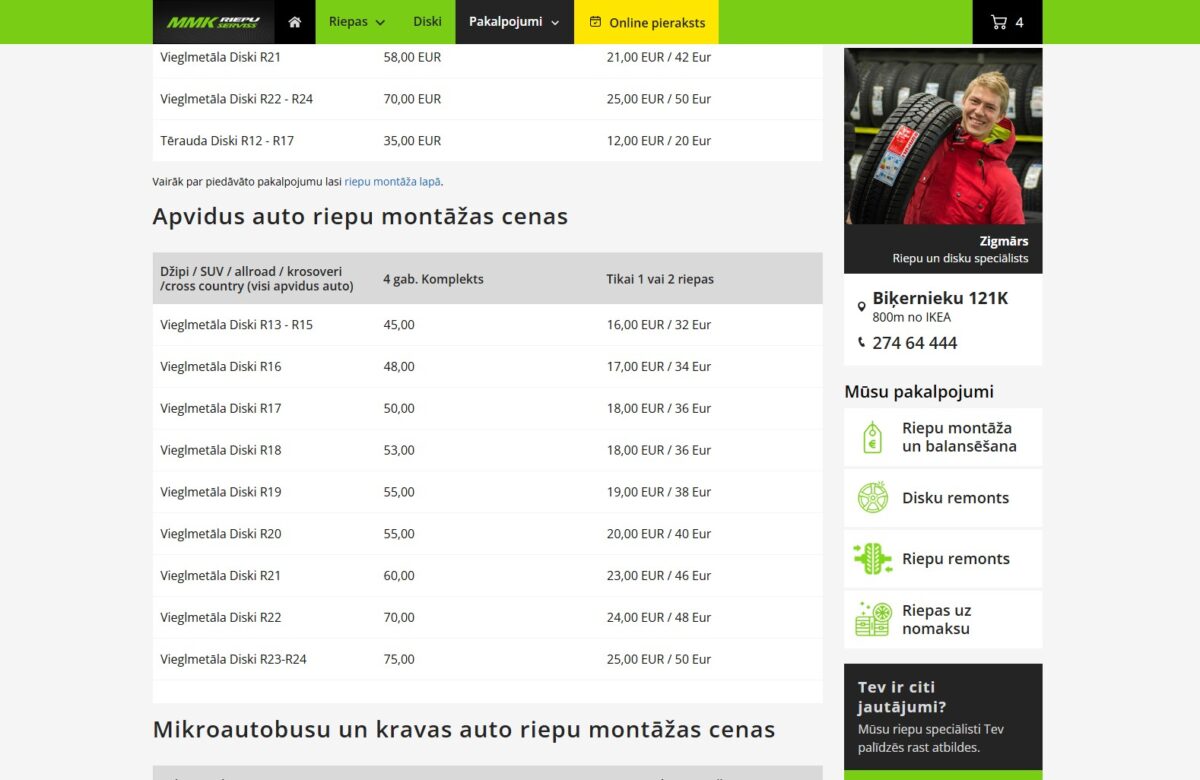 MMKriepas.lv - Pakalpojumu cenu tabulas