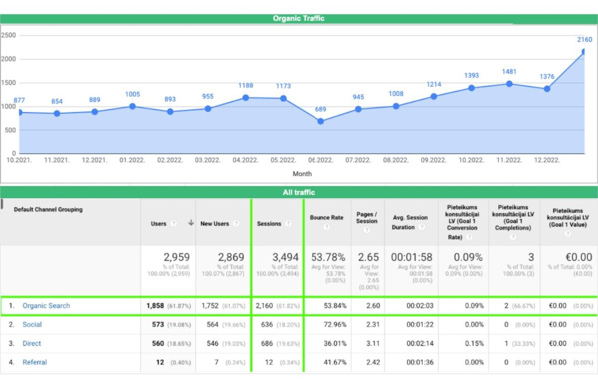 Portfolio - daudznozaru uzņēmuma mājaslapas organiskās apmeklētības pieaugums