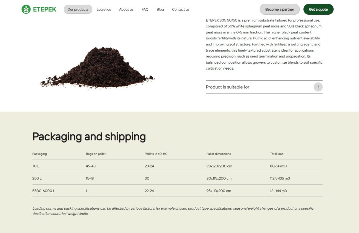 Etepek.com - produktu iepakojumu un piegādes tabula