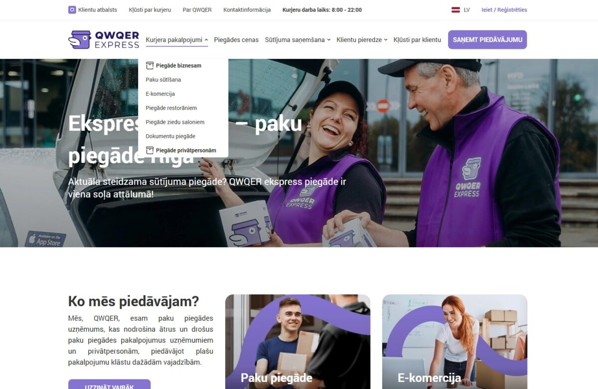 Qwqer.lv mājaslapas navigācija