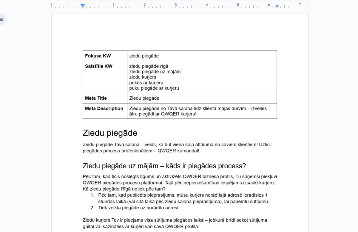 Qwqer.lv pakalpojumu satura sagatavošana pēc SEO labās prakses principiem