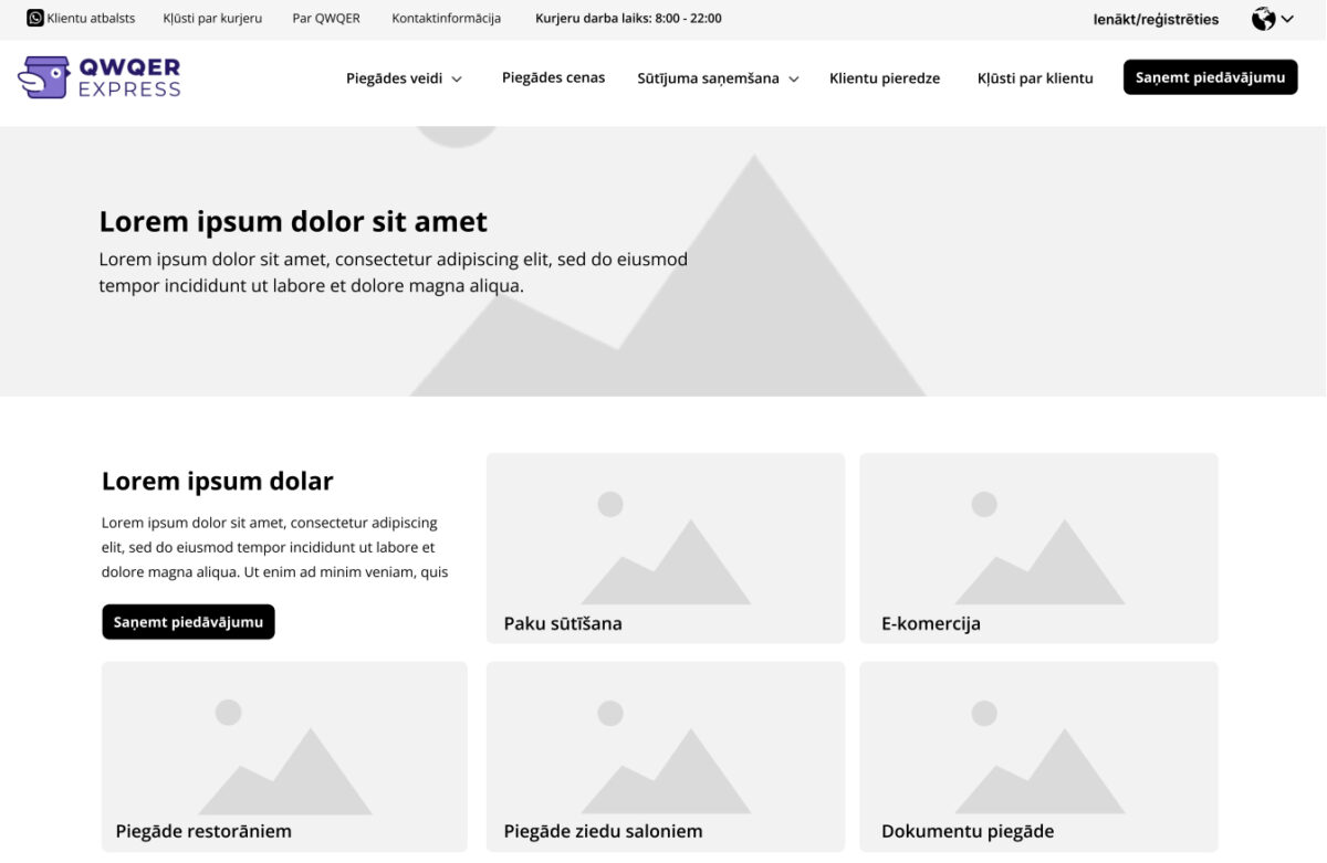 Qwqer.lv - sākumlapas atvēruma skice jeb wireframe