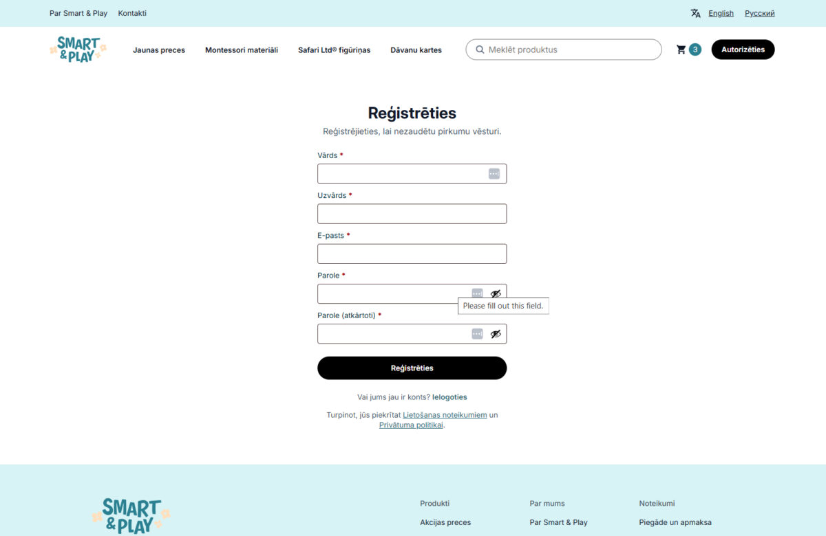 Smartandplay.com - lietotāja profila reģistrācijas forma