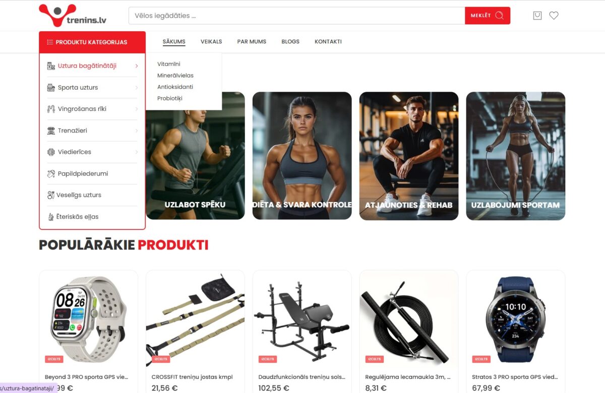 Trenins.lv mājaslapas navigācija