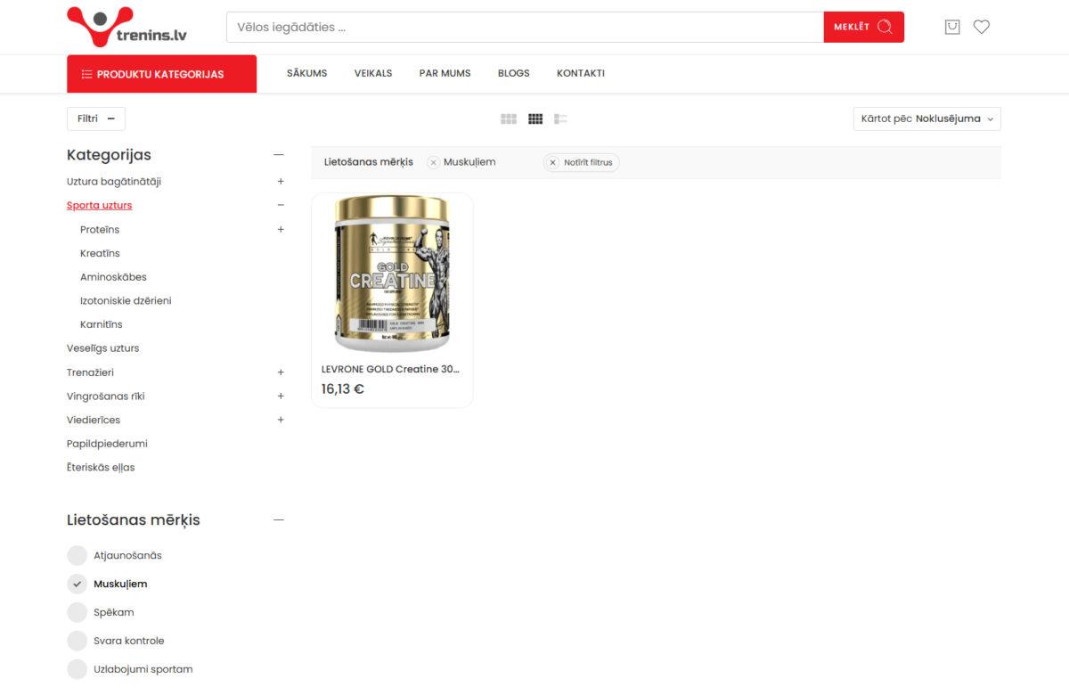Trenins.lv produktu filtri