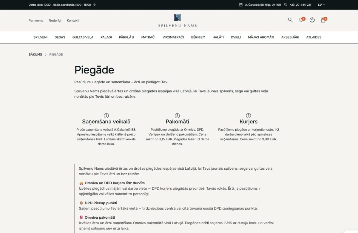 Spilvenunams.lv - informācija par piegādi