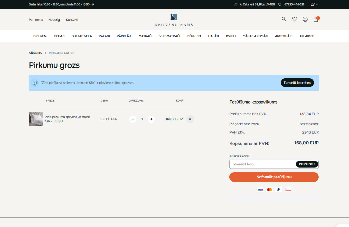 Spilvenunams.lv - preces pievienošana grozam
